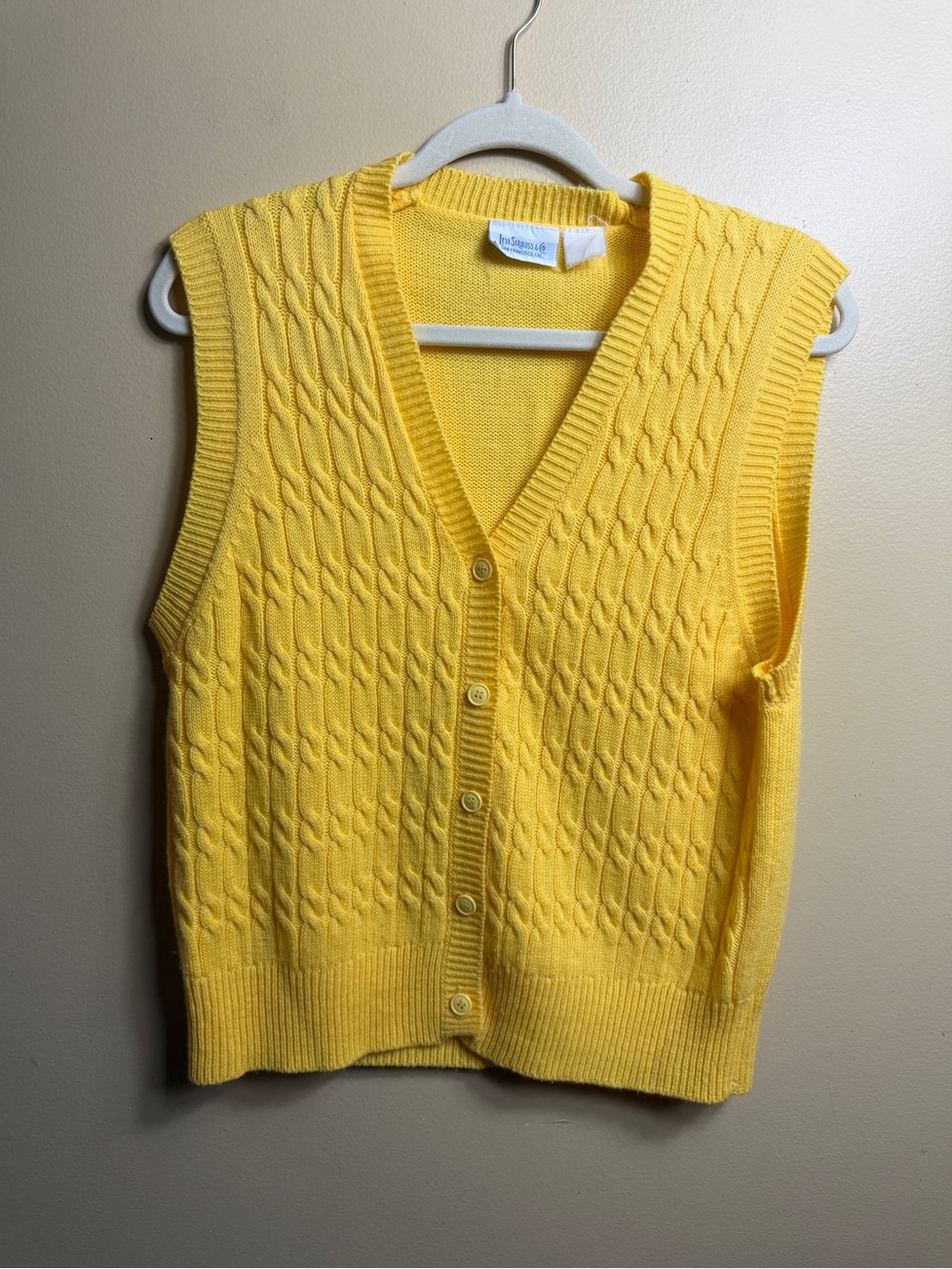 Vintage 70s Levi Strauss Yellow Cable Knit Button Front Sweater Vest yellow L